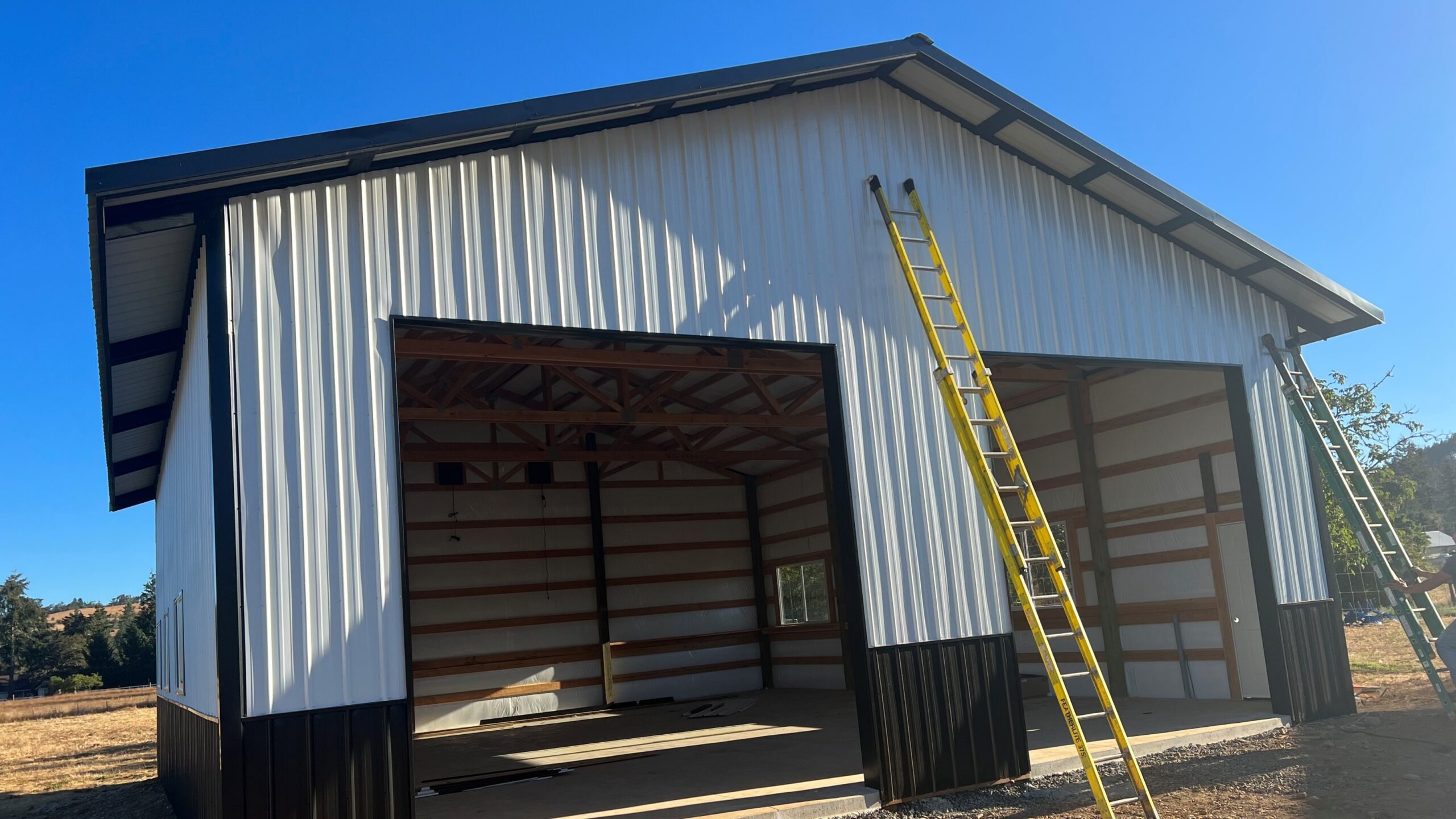 Finished post frame building on a rural property